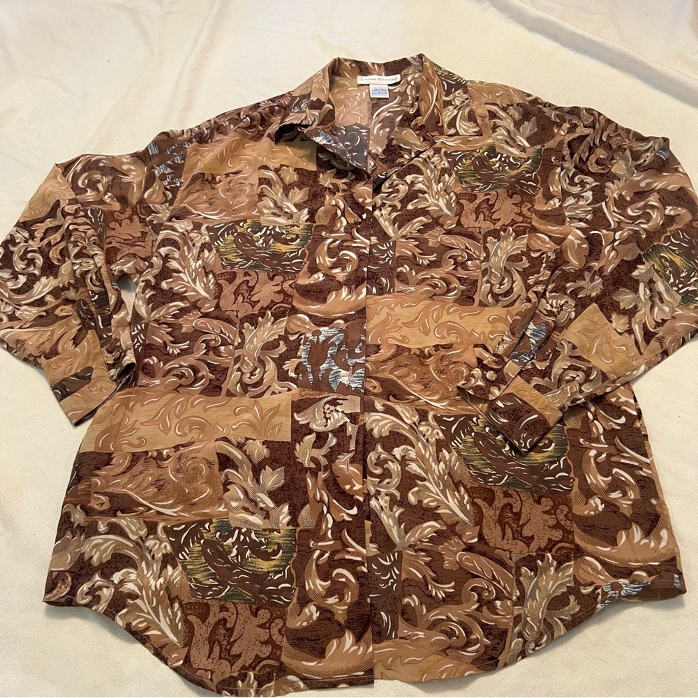 Casual Corner Brown silk Casual Button Down Shirt with Nature-Inspired Design